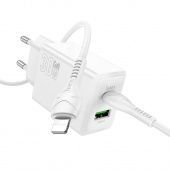 Сетевое зарядное устройство Hoco N71 (QC3.0 +PD30W с кабелем IP - Type-C)  цвет: белый