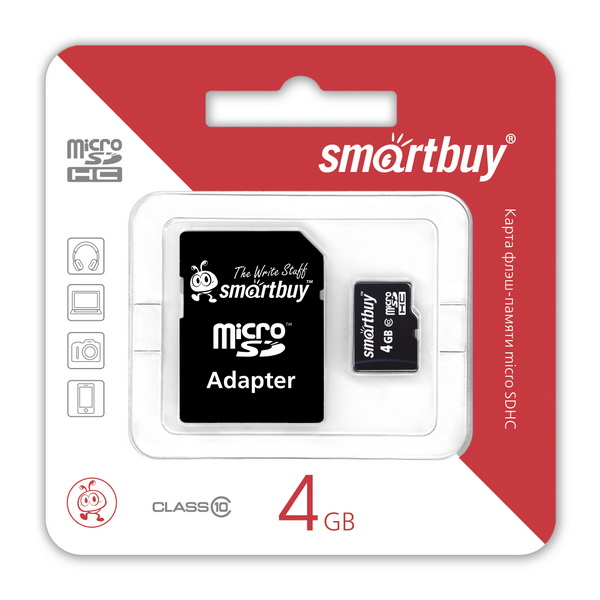 Micro SDHC карта памяти SMARTBUY 4GB Class 10 (с адаптером SD)