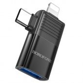 Адаптер Borofone BV18 IP "папа"/Type-C "папа" в USB "мама" USB2.0 2 в 1 цвет: Чёрный