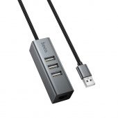 Адаптер Hoco HB1D  (USB to USB2.0*3+RJ45) цвет: металлик