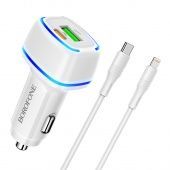 Автомобильное ЗУ BOROFONE BZ14A (USB QC3.0 +PD20W Type-C PD20W+кабель Type-C to IP ) цвет: белый