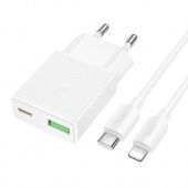 Сетевое зарядное устройство Hoco N73 ультратонкий (QC3.0 +PD20W с кабелем IP - Type-C) цвет: белый