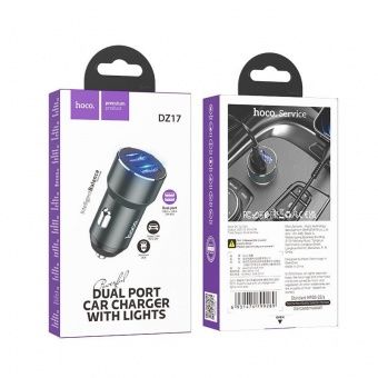 Автомобильное ЗУ Hoco DZ17 (подсветка 2 USB: 2.4A) цвет: металлик