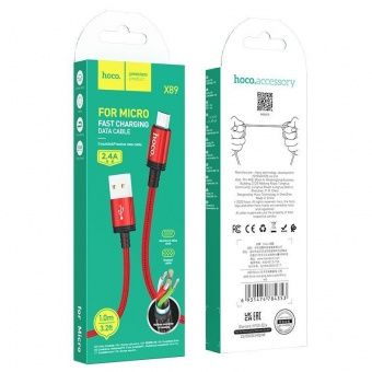 Дата-кабель Hoco X89 Micro (нейлон 1м., 2.4A) цвет: красный