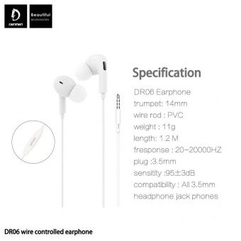Наушники Denmen DR06 с микрофоном (1.2 м), цвет: белый