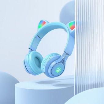 Беспроводные наушники Hoco W39 полноразмерные ("кошачьи ушки"), цвет: голубой
