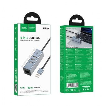 Адаптер Hoco HB1D  (USB to USB2.0*3+RJ45) цвет: металлик