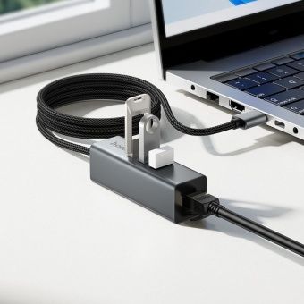 Адаптер Hoco HB1D  (USB to USB2.0*3+RJ45) цвет: металлик