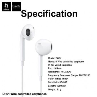 Наушники Denmen DR01 с микрофоном (1.2 м), цвет: белый