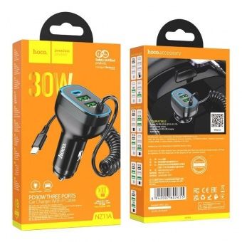 Автомобильное ЗУ Hoco NZ11A (PD30W + 2QC3.0 + кабель iP) цвет: Чёрный