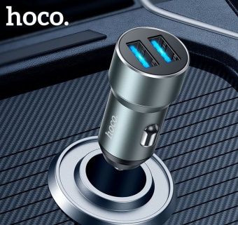 Автомобильное ЗУ Hoco DZ17 (подсветка 2 USB: 2.4A) цвет: металлик