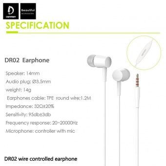Наушники Denmen DR02 с микрофоном (1.2 м), цвет: белый