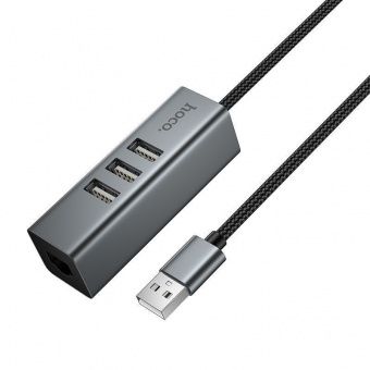 Адаптер Hoco HB1D  (USB to USB2.0*3+RJ45) цвет: металлик